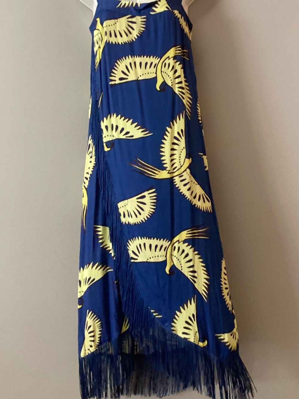 Farm Rio for Anthropologie Birds of a Feather Fringe Hem Wrap Midi Dress